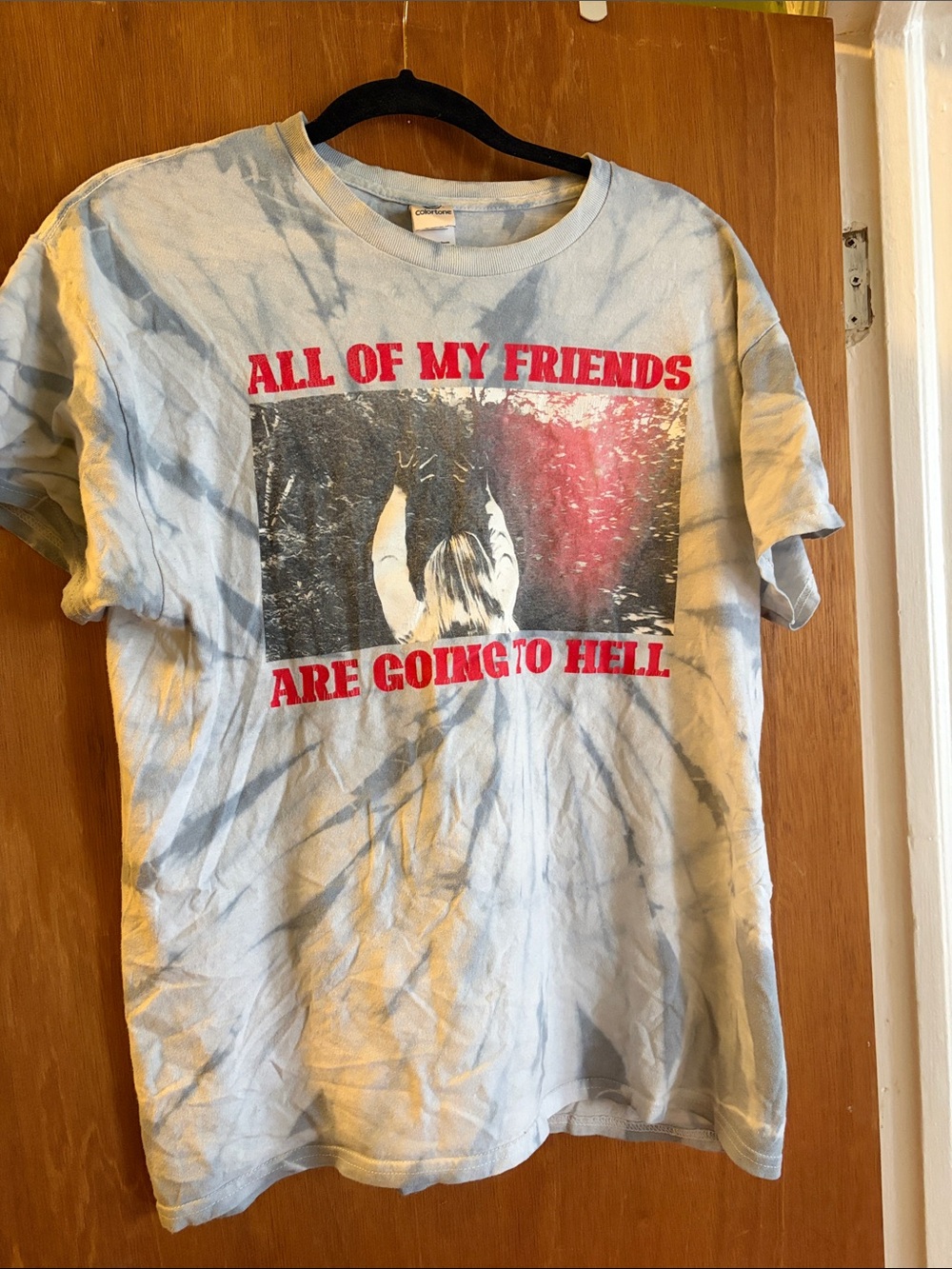 Graphic Tie-Dye Short Sleeve Tee - Light Blue with Red Print